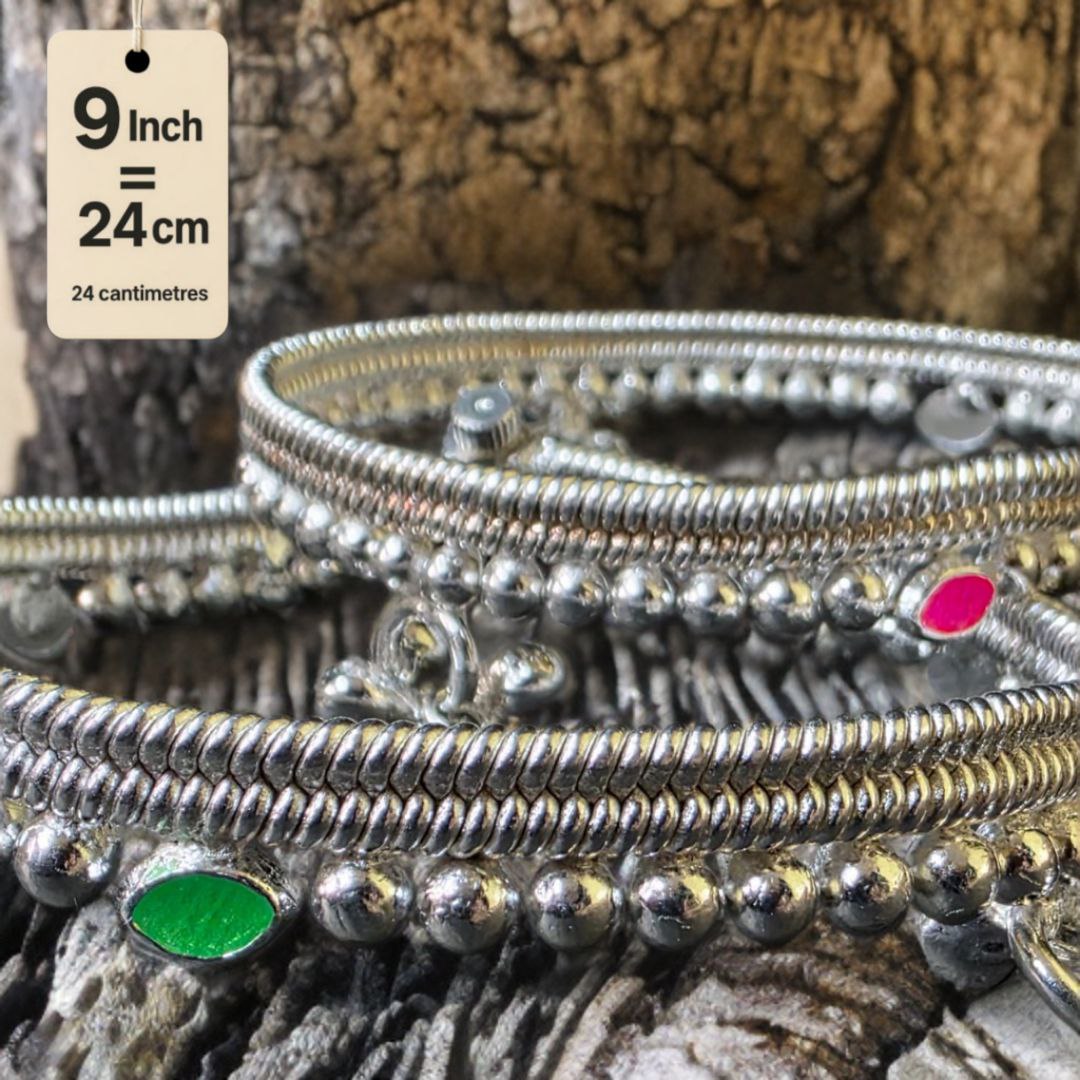 German Silver -Silver Plated Silver Ball Anklet with NON-Adjustable Size, Contemporary Style, Silver PLATED, 2-Piece Set-  9 Inch Coloured Common sunflower Details, Set of 2