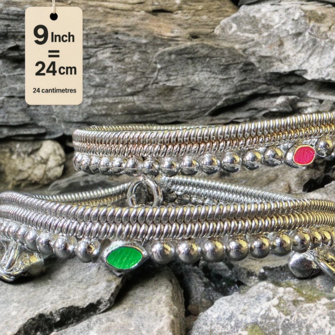 German Silver -Silver Plated Silver Ball Anklet with NON-Adjustable Size, Contemporary Style, Silver PLATED, 2-Piece Set-  9 Inch Coloured Common sunflower Details, Set of 2