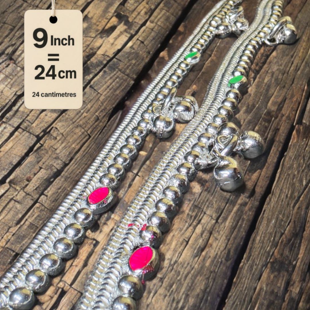 German Silver -Silver Plated Silver Ball Anklet with NON-Adjustable Size, Contemporary Style, Silver PLATED, 2-Piece Set-  9 Inch Coloured Common sunflower Details, Set of 2