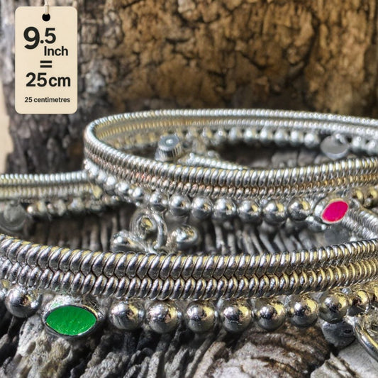 German Silver -Silver Plated Silver Ball Anklet with NON-Adjustable Size, Contemporary Style, Silver PLATED, 2-Piece Set-9.5 Inch Coloured Common sunflower Details, Set of 2