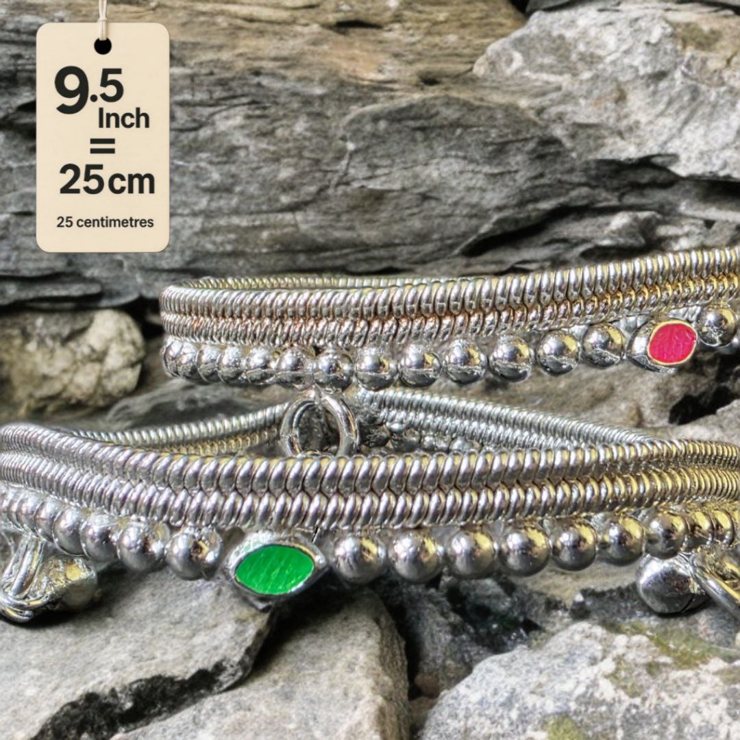 German Silver -Silver Plated Silver Ball Anklet with NON-Adjustable Size, Contemporary Style, Silver PLATED, 2-Piece Set-9.5 Inch Coloured Common sunflower Details, Set of 2