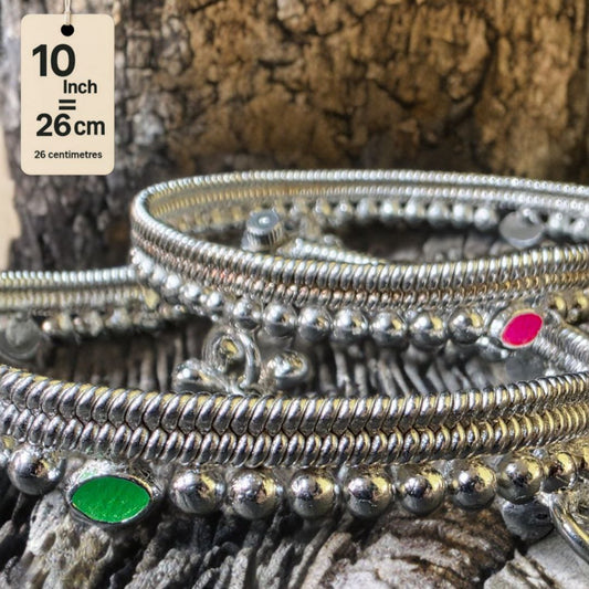 German Silver -Silver Plated Silver Ball Anklet with NON-Adjustable Size, Contemporary Style, Silver PLATED, 2-Piece Set-10 Inch Coloured Common sunflower Details, Set of 2