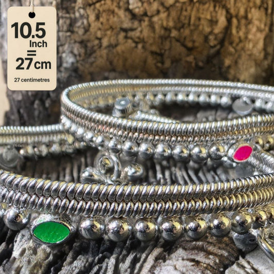 German Silver -Silver Plated Silver Ball Anklet with NON-Adjustable Size, Contemporary Style, Silver PLATED, 2-Piece Set-10.5 Inch Coloured Common sunflower Details, Set of 2