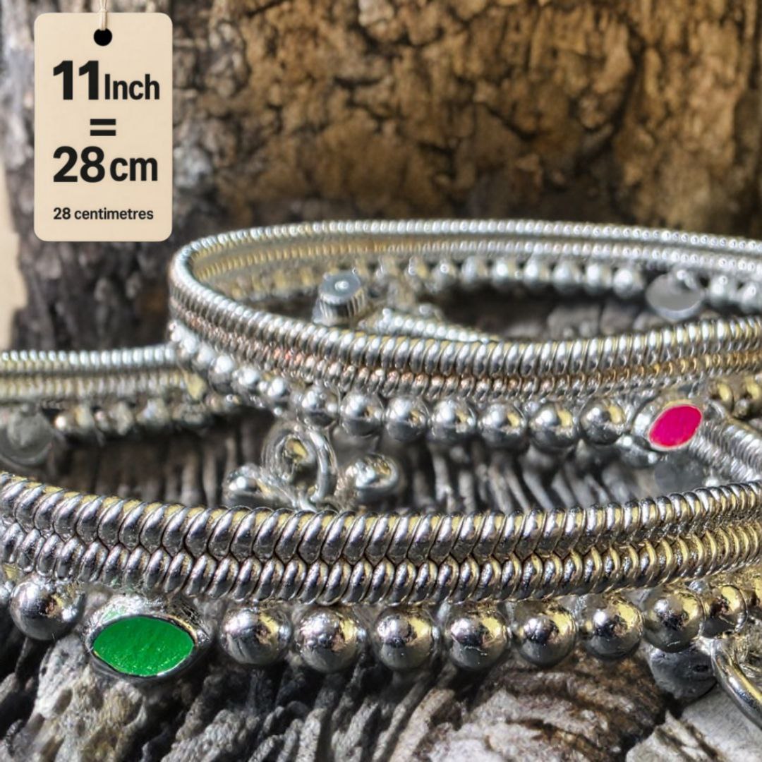 German Silver -Silver Plated Silver Ball Anklet with NON-Adjustable Size, Contemporary Style, Silver PLATED, 2-Piece Set- 11 Inch Coloured Common sunflower Details, Set of 2