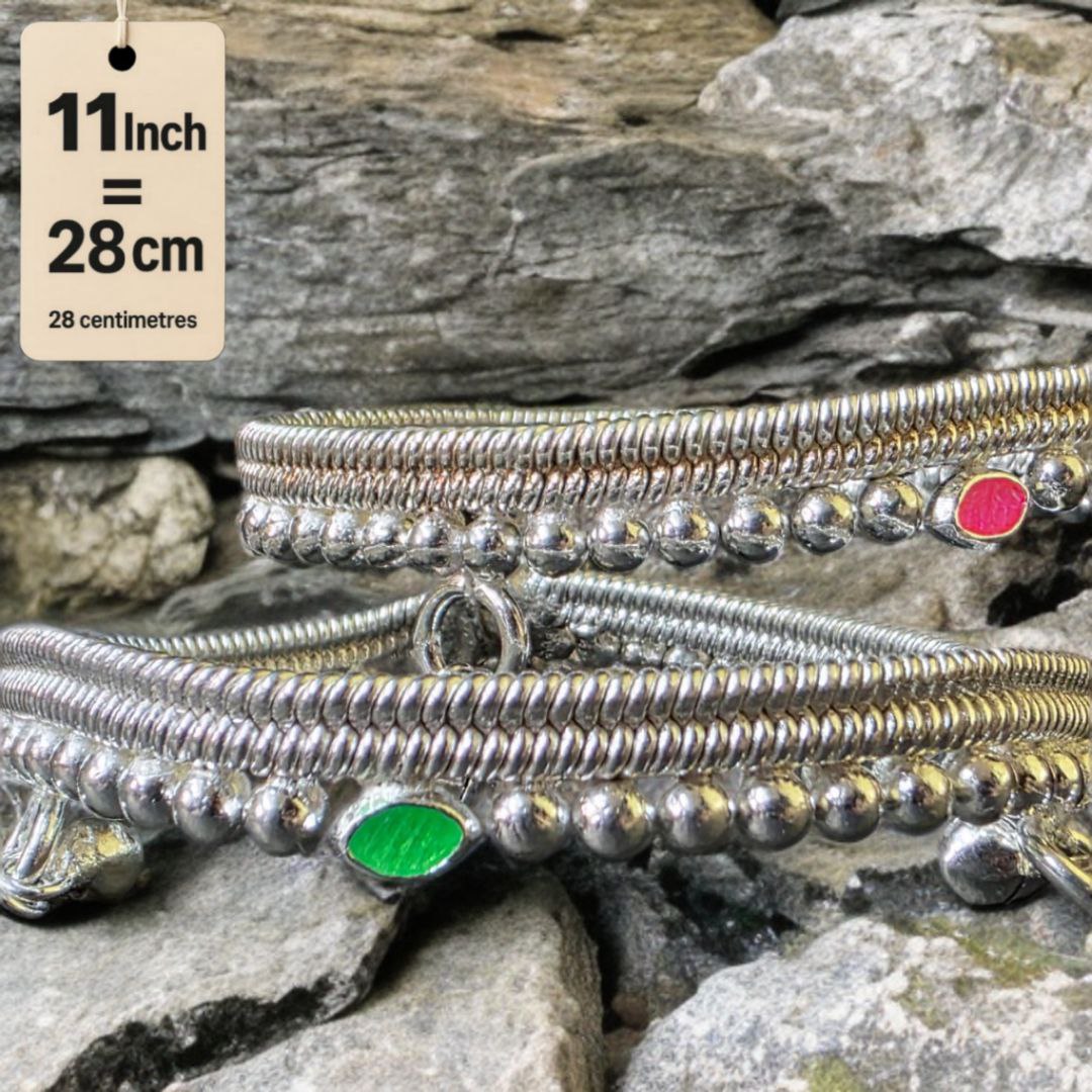 German Silver -Silver Plated Silver Ball Anklet with NON-Adjustable Size, Contemporary Style, Silver PLATED, 2-Piece Set- 11 Inch Coloured Common sunflower Details, Set of 2