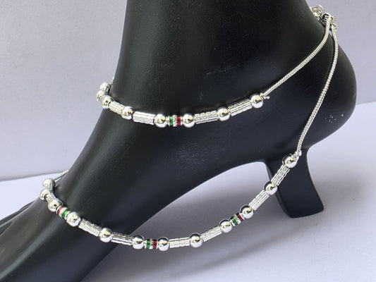 Unique Lightweight White Metal Silver Plated Anklets, NON-Adjustable Size, Contemporary Style, Silver PLATED, 2-Piece Set- free size