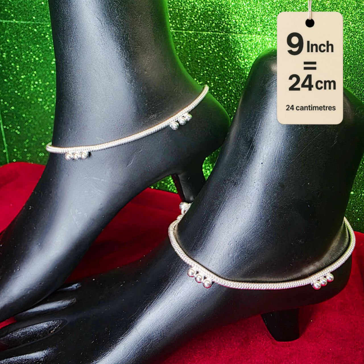 German Silver Anklet/Payal with Bells &colored stone Heart Design Silver plated - 9INCH