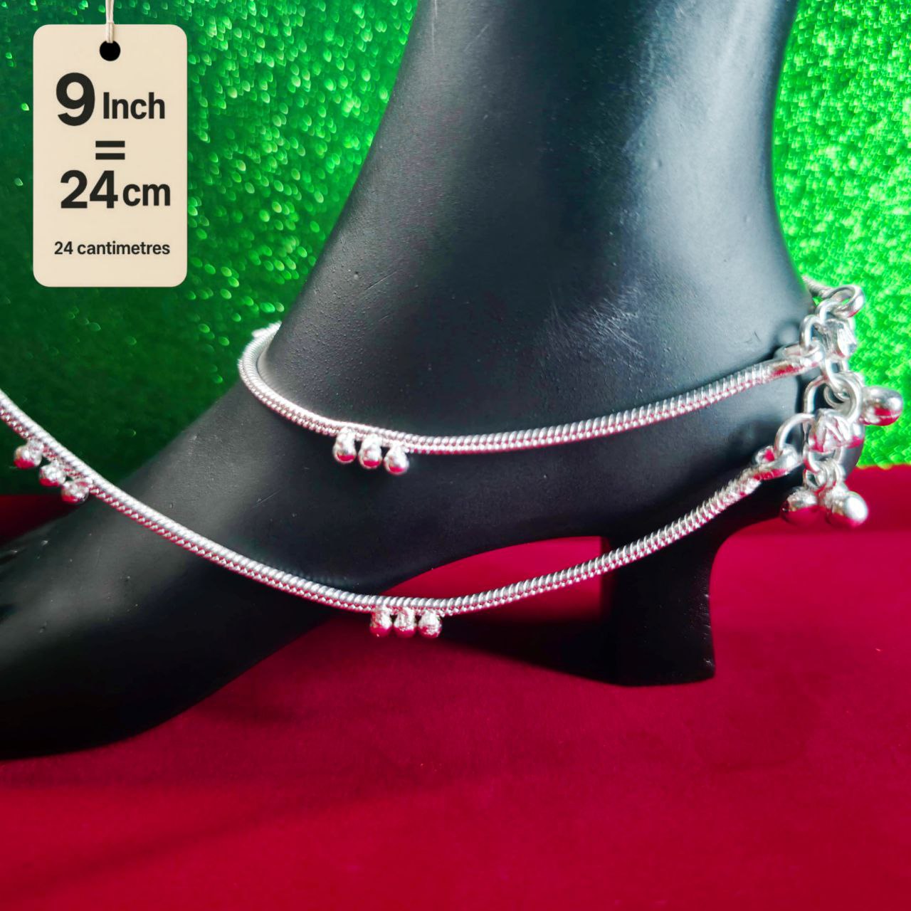 German Silver Anklet/Payal with Bells &colored stone Heart Design Silver plated - 9INCH