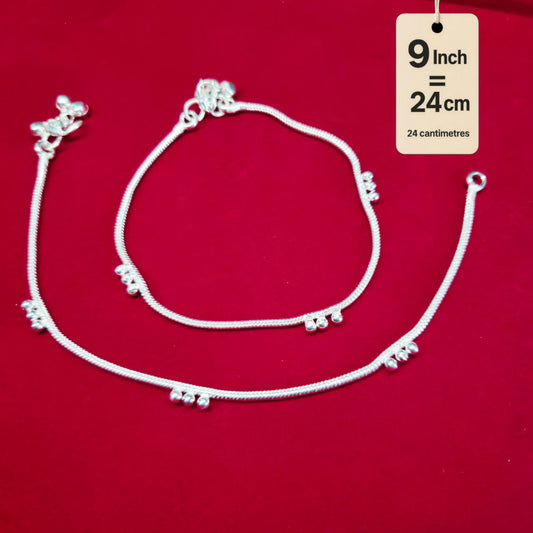 German Silver Anklet/Payal with Bells &colored stone Heart Design Silver plated - 9INCH