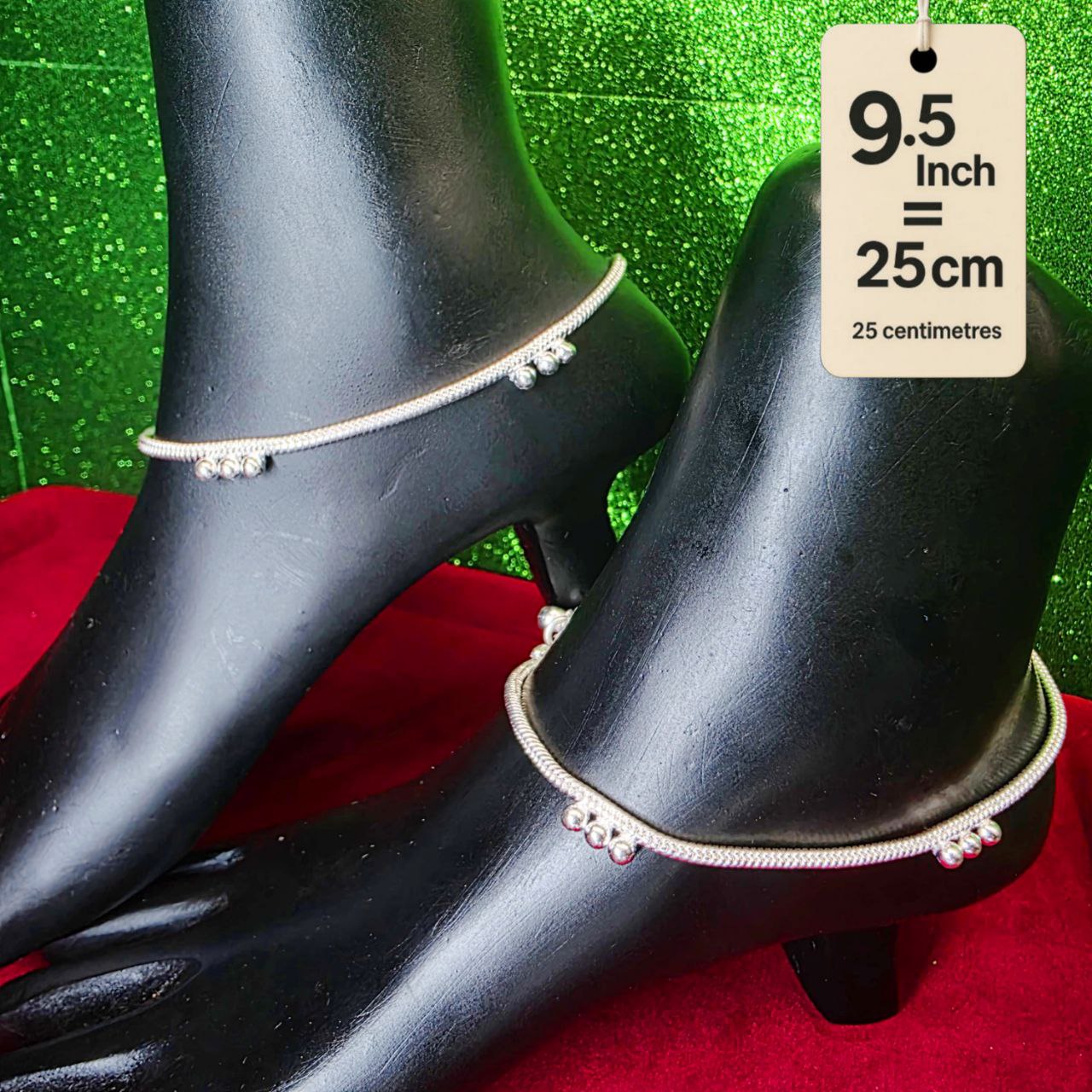 German Silver Anklet/Payal with Bells &colored stone Heart Design Silver plated - 9.5 INCH