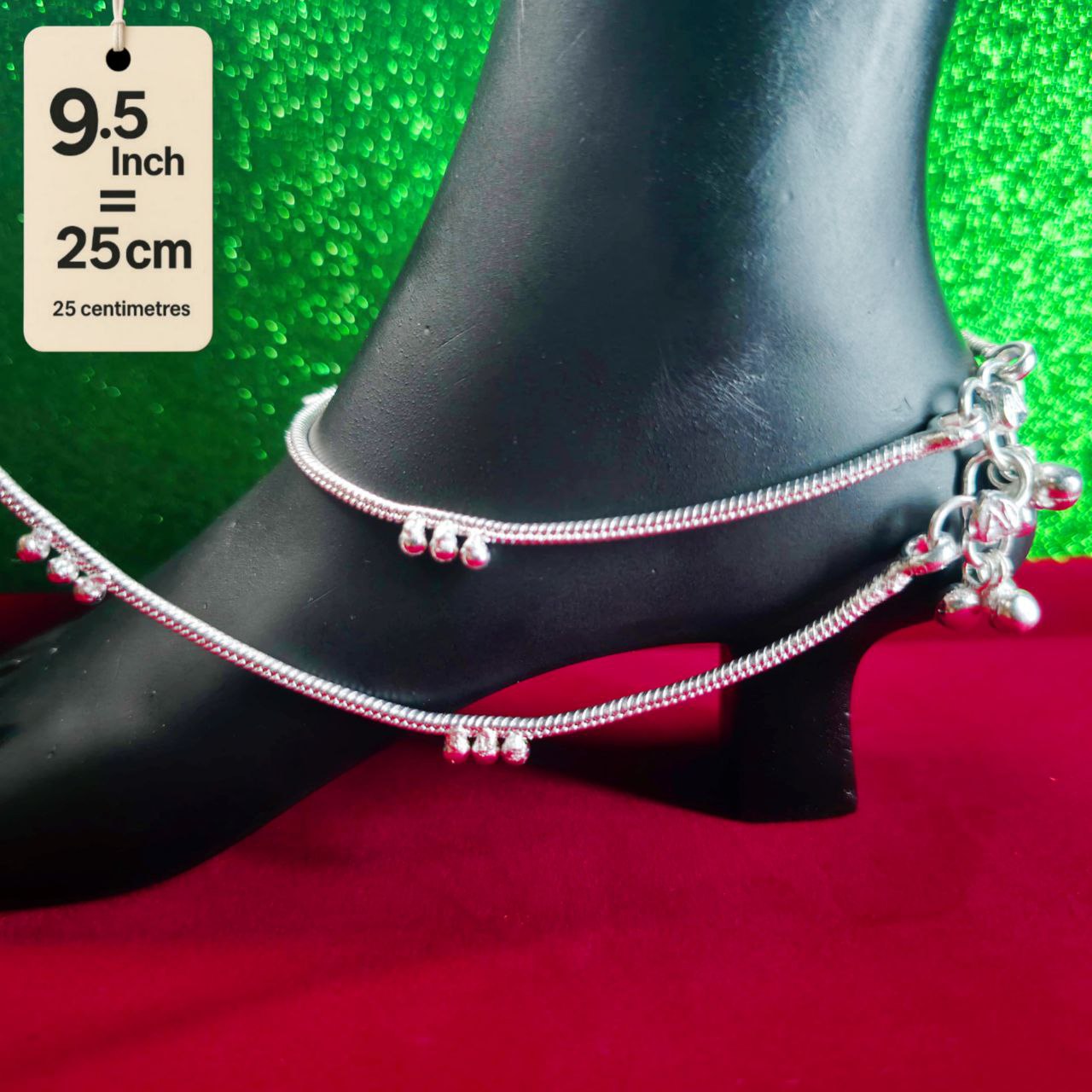 German Silver Anklet/Payal with Bells &colored stone Heart Design Silver plated - 9.5 INCH