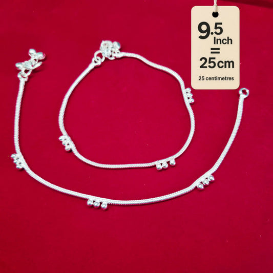 German Silver Anklet/Payal with Bells &colored stone Heart Design Silver plated - 9.5 INCH