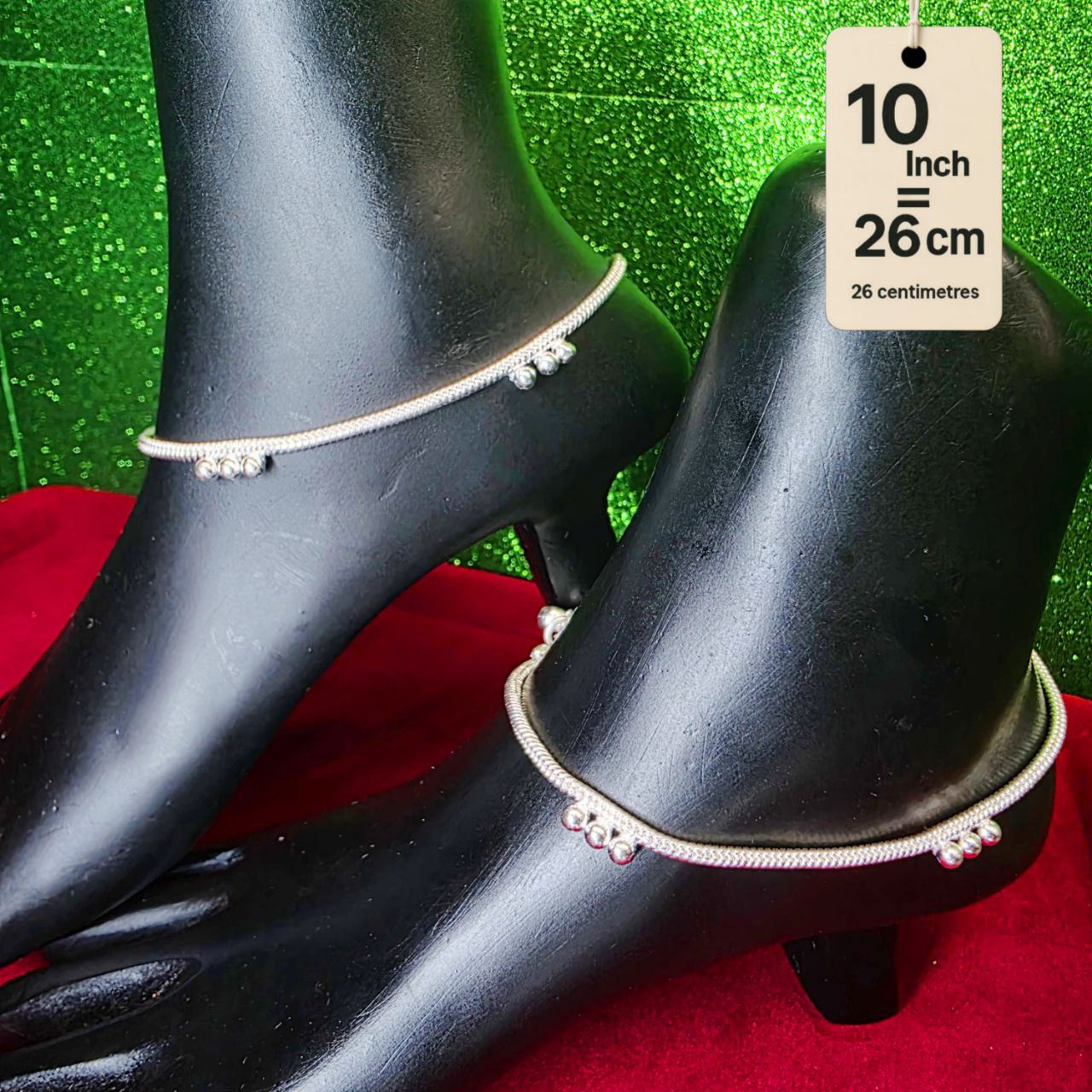 German Silver Anklet/Payal with Bells &colored stone Heart Design Silver plated - 10 INCH