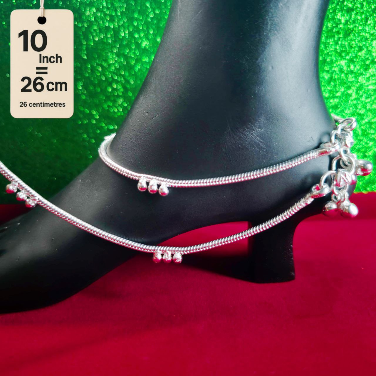German Silver Anklet/Payal with Bells &colored stone Heart Design Silver plated - 10 INCH
