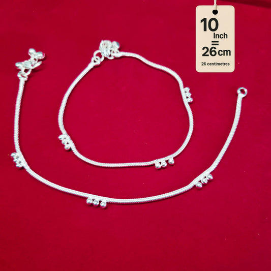 German Silver Anklet/Payal with Bells &colored stone Heart Design Silver plated - 10 INCH