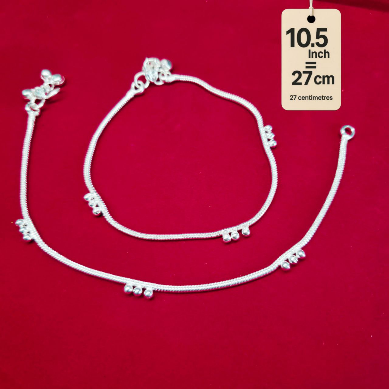 German Silver Anklet/Payal with Bells &colored stone Heart Design Silver plated - 10.5 INCH