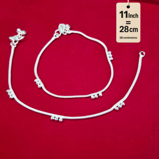 German Silver Anklet/Payal with Bells &colored stone Heart Design Silver plated - 11 INCH