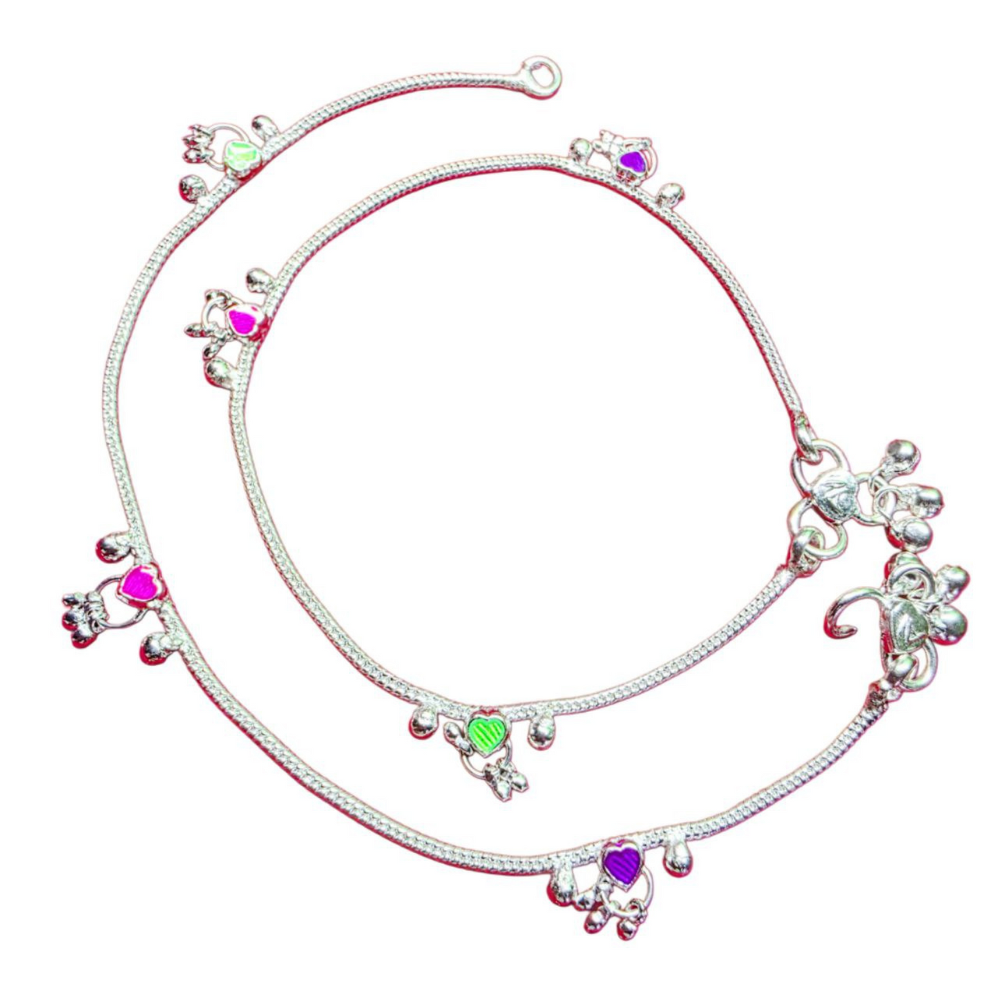 Traditional German Silver Anklet Set, With rasagulla Heart Design with Ball Chain, LIGHT WIGHT Pack of 2-10 Inch