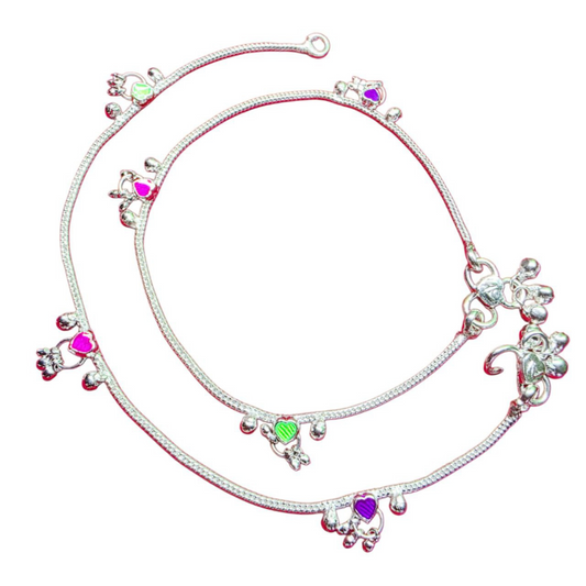 Traditional German Silver Anklet Set, With rasagulla Heart Design with Ball Chain, LIGHT WIGHT Pack of 2-10 Inch