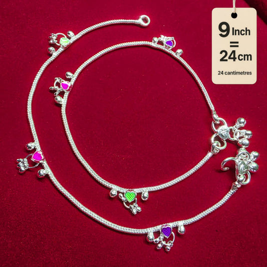 Traditional German Silver Anklet Set, With rasagulla Heart Design with Ball Chain, LIGHT WIGHT Pack of 2-9 Inch