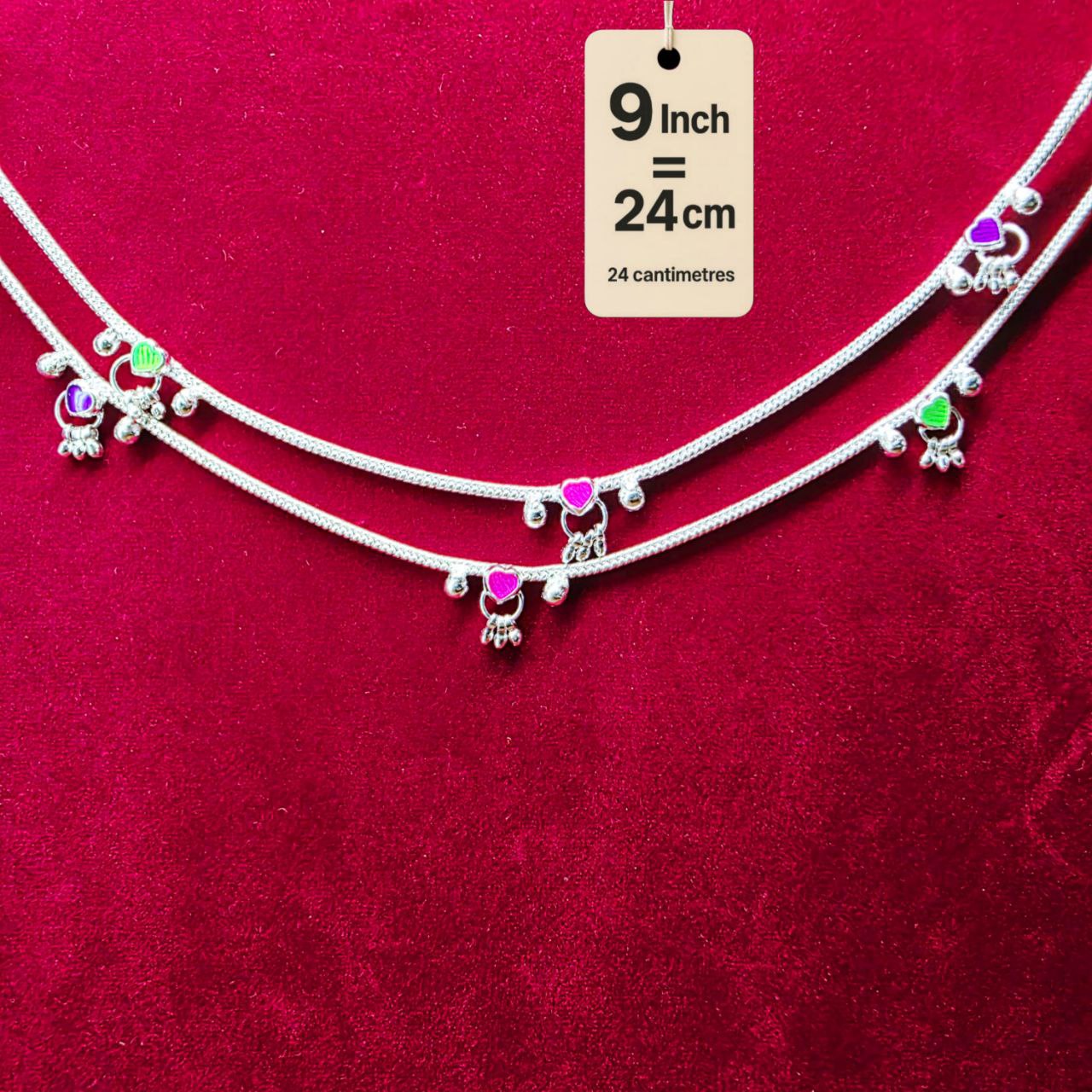 Traditional German Silver Anklet Set, With rasagulla Heart Design with Ball Chain, LIGHT WIGHT Pack of 2-9 Inch