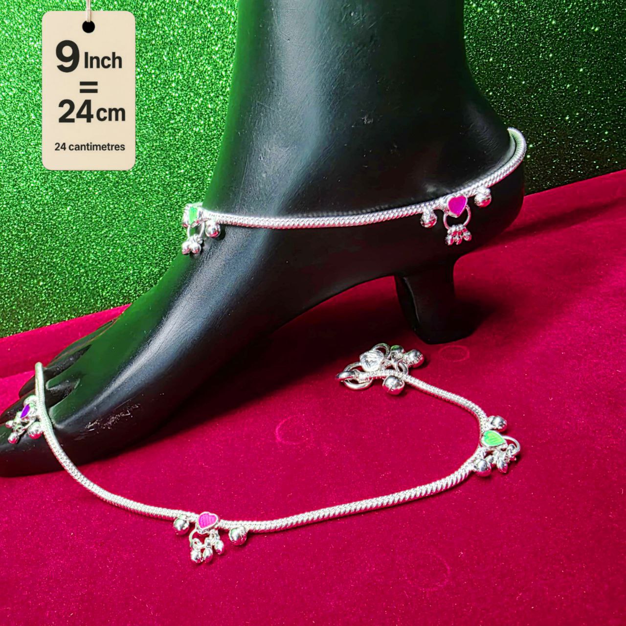 Traditional German Silver Anklet Set, With rasagulla Heart Design with Ball Chain, LIGHT WIGHT Pack of 2-9 Inch