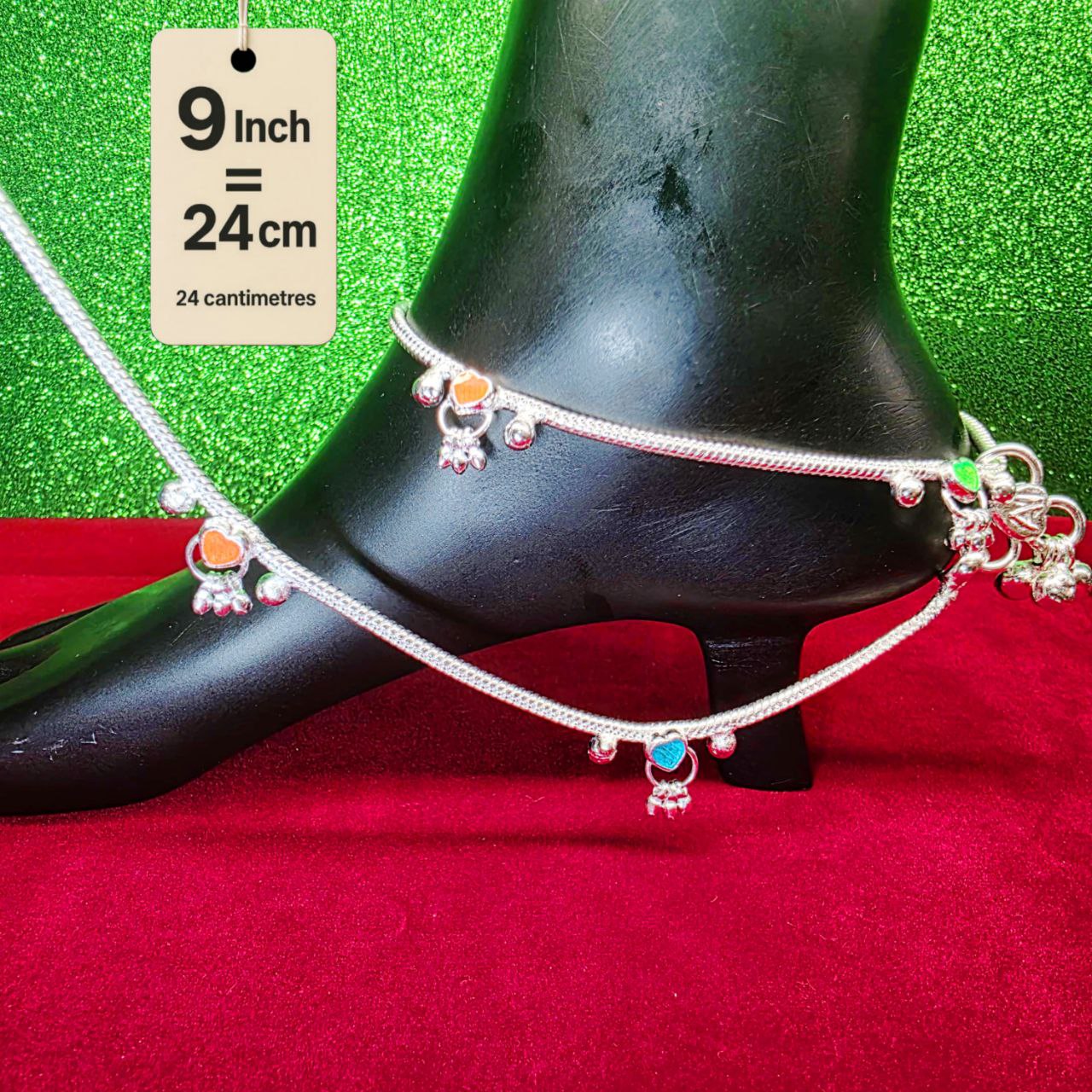Traditional German Silver Anklet Set, With rasagulla Heart Design with Ball Chain, LIGHT WIGHT Pack of 2-9 Inch