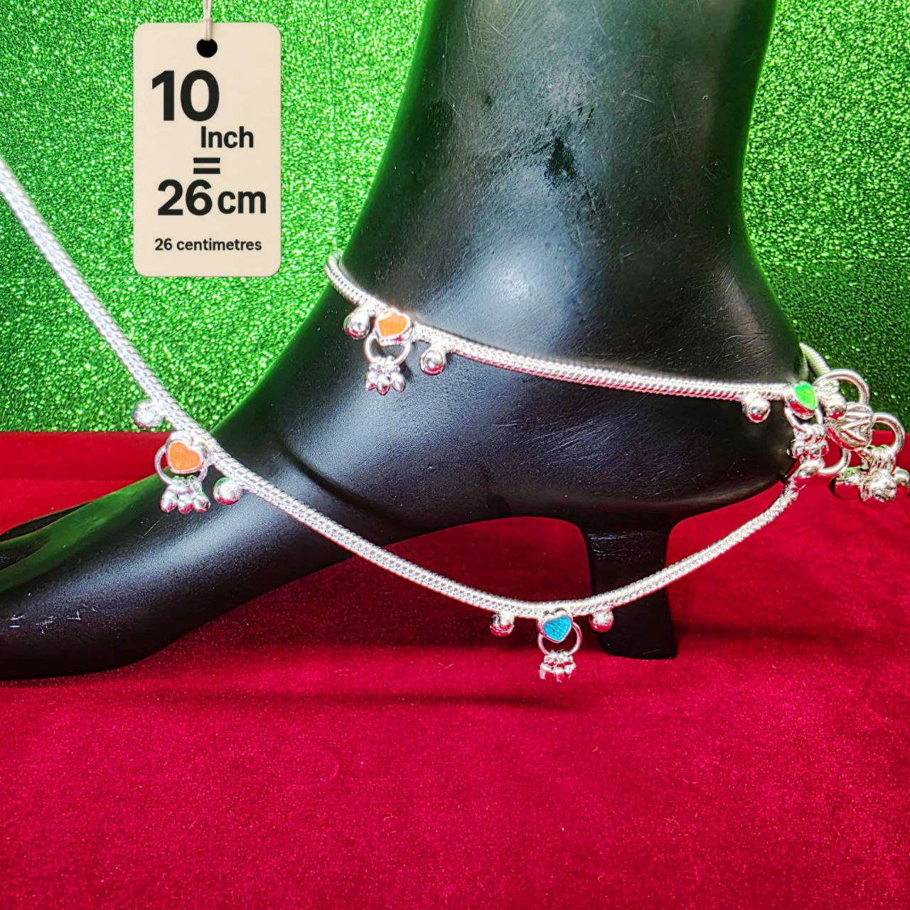 Traditional German Silver Anklet Set, With rasagulla Heart Design with Ball Chain, LIGHT WIGHT Pack of 2-10 Inch