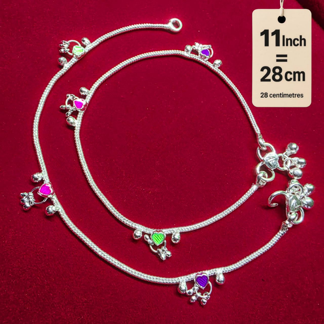 Traditional German Silver Anklet Set, With rasagulla Heart Design with Ball Chain, LIGHT WIGHT Pack of 2-11 Inch