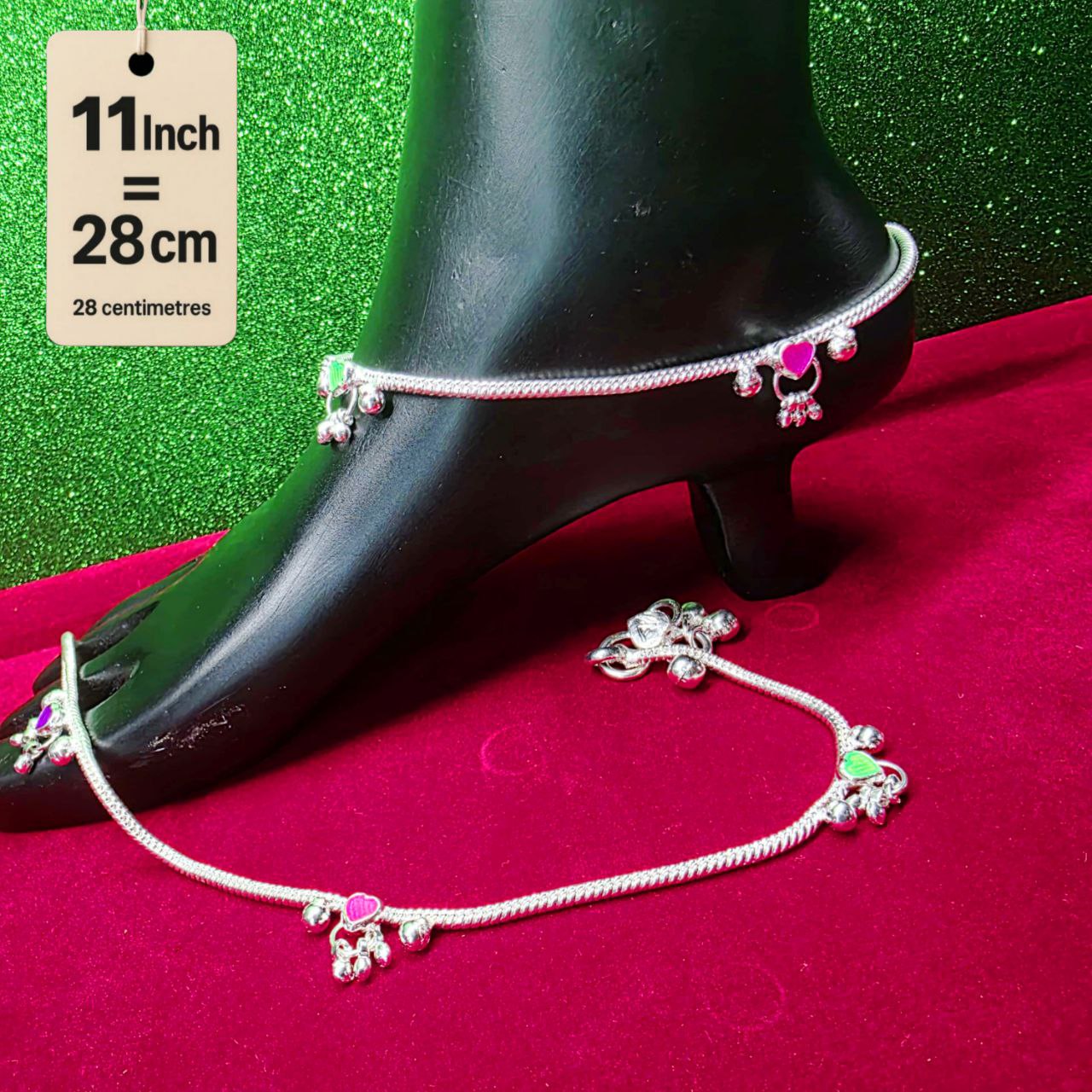 Traditional German Silver Anklet Set, With rasagulla Heart Design with Ball Chain, LIGHT WIGHT Pack of 2-11 Inch