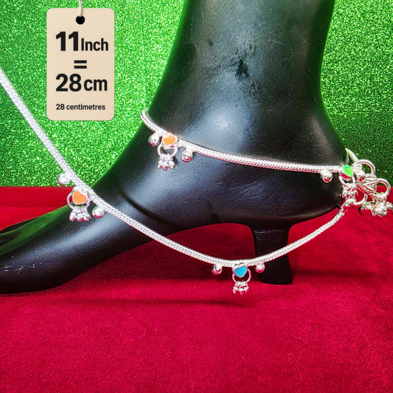 Traditional German Silver Anklet Set, With rasagulla Heart Design with Ball Chain, LIGHT WIGHT Pack of 2-11 Inch