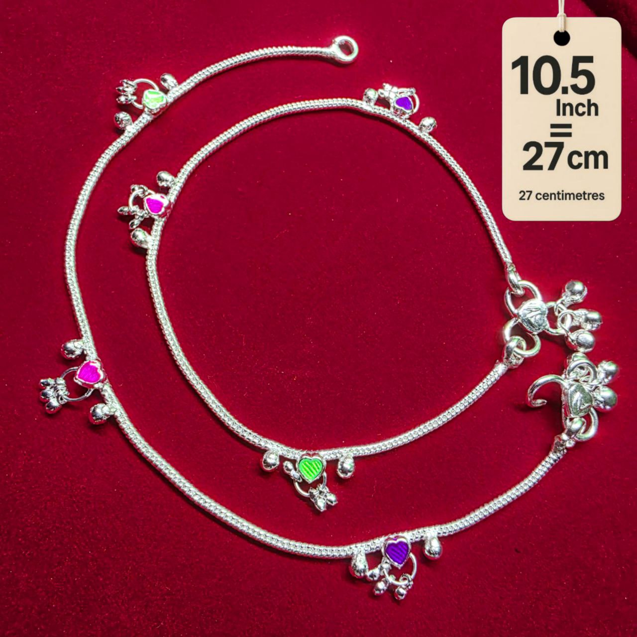 Traditional German Silver Anklet Set, With rasagulla Heart Design with Ball Chain, LIGHT WIGHT Pack of 2-10.5Inch