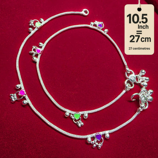 Traditional German Silver Anklet Set, With rasagulla Heart Design with Ball Chain, LIGHT WIGHT Pack of 2-10.5Inch