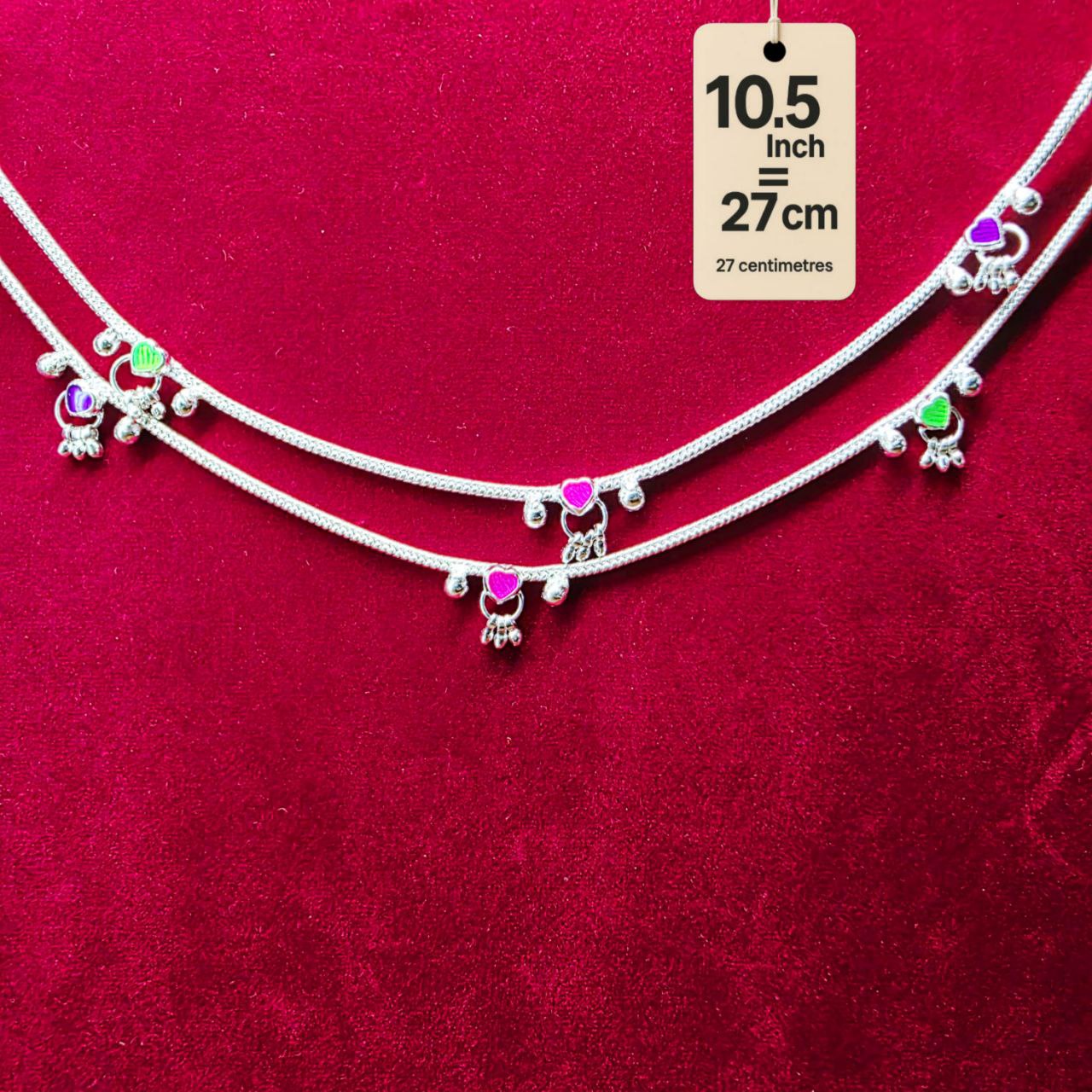Traditional German Silver Anklet Set, With rasagulla Heart Design with Ball Chain, LIGHT WIGHT Pack of 2-10.5Inch