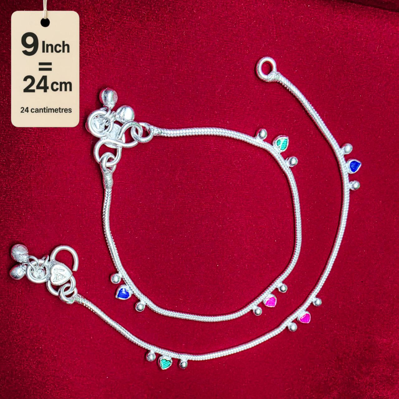Traditional German Silver Anklet Set With Heart Design with Ball Chain, LIGHT WIGHT Pack of 2-9 Inch