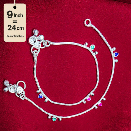 Traditional German Silver Anklet Set With Heart Design with Ball Chain, LIGHT WIGHT Pack of 2-9 Inch