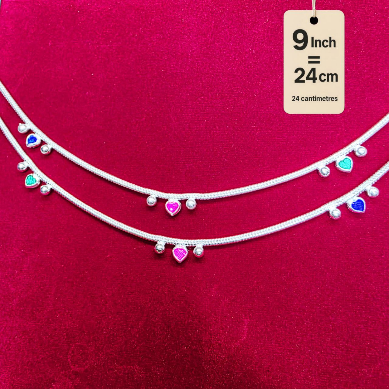 Traditional German Silver Anklet Set With Heart Design with Ball Chain, LIGHT WIGHT Pack of 2-9 Inch