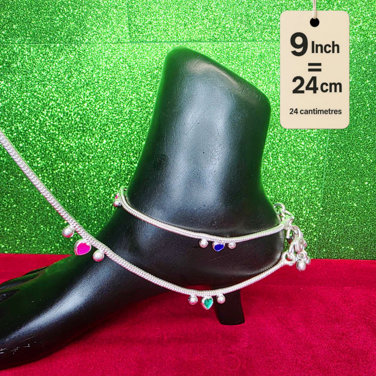 Traditional German Silver Anklet Set With Heart Design with Ball Chain, LIGHT WIGHT Pack of 2-9 Inch