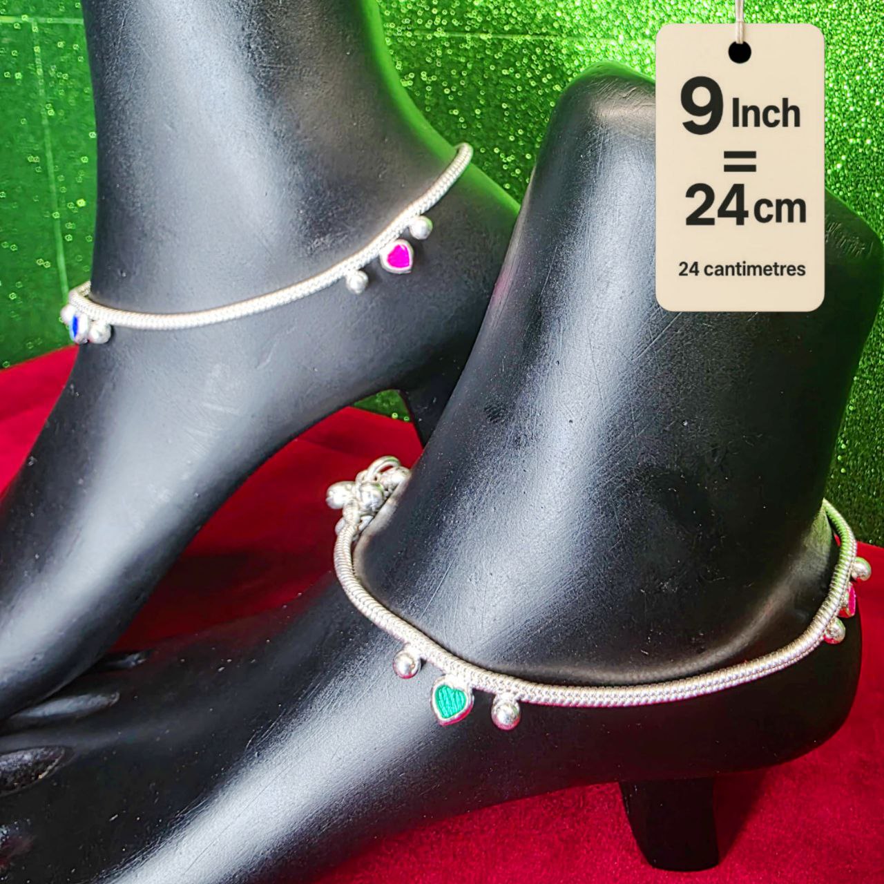 Traditional German Silver Anklet Set With Heart Design with Ball Chain, LIGHT WIGHT Pack of 2-9 Inch