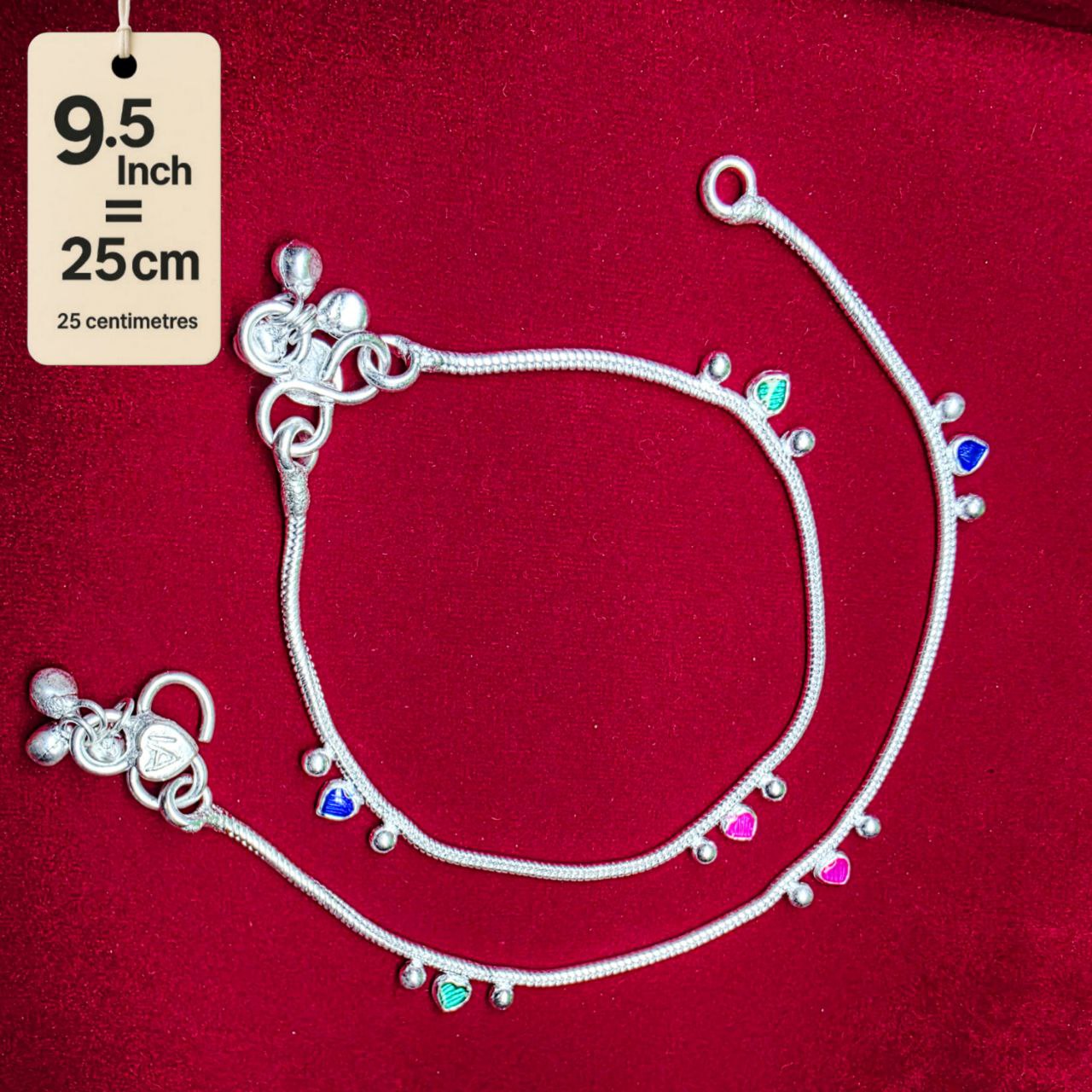 Traditional German Silver Anklet Set With Heart Design with Ball Chain, LIGHT WIGHT Pack of 2-9.5 Inch