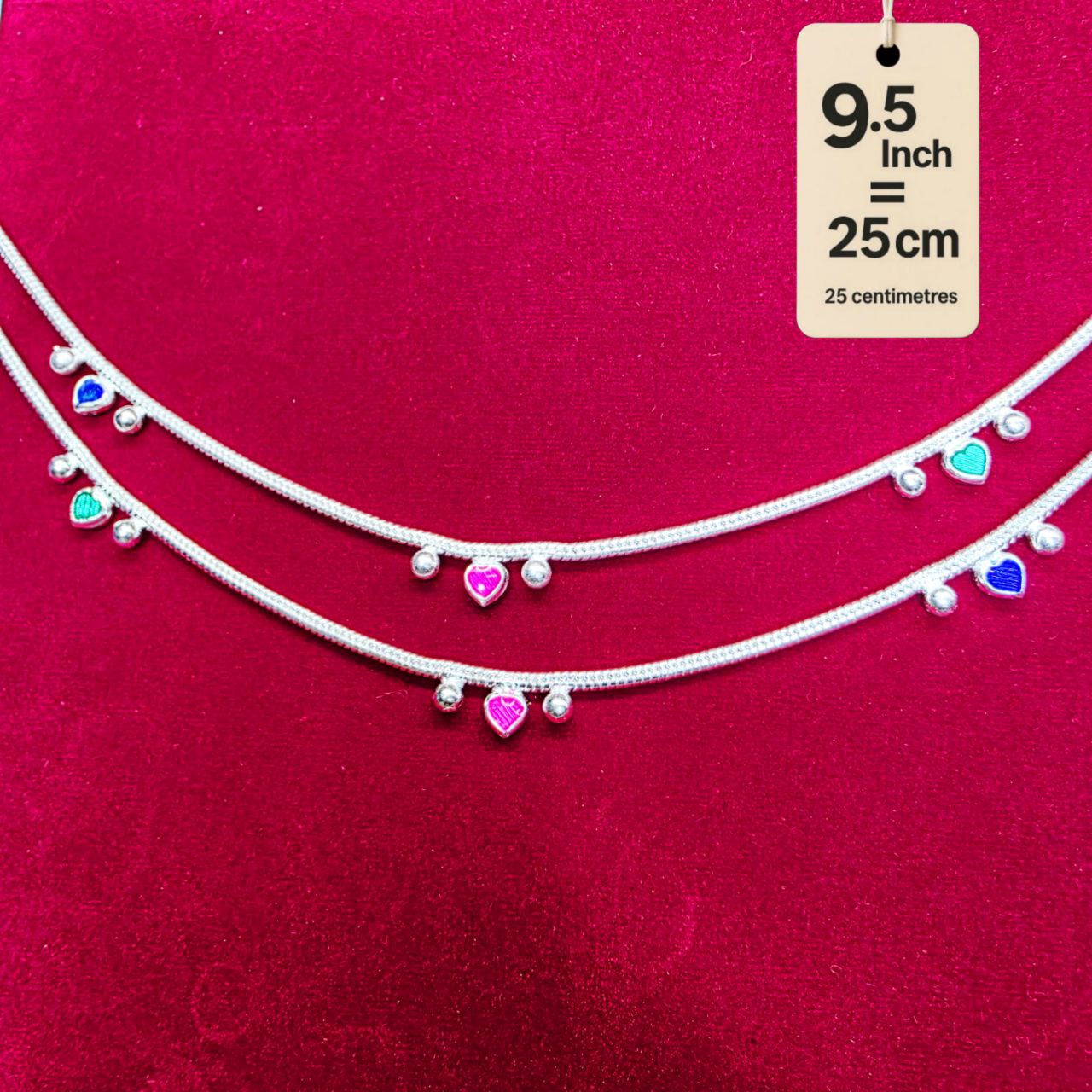 Traditional German Silver Anklet Set With Heart Design with Ball Chain, LIGHT WIGHT Pack of 2-9.5 Inch