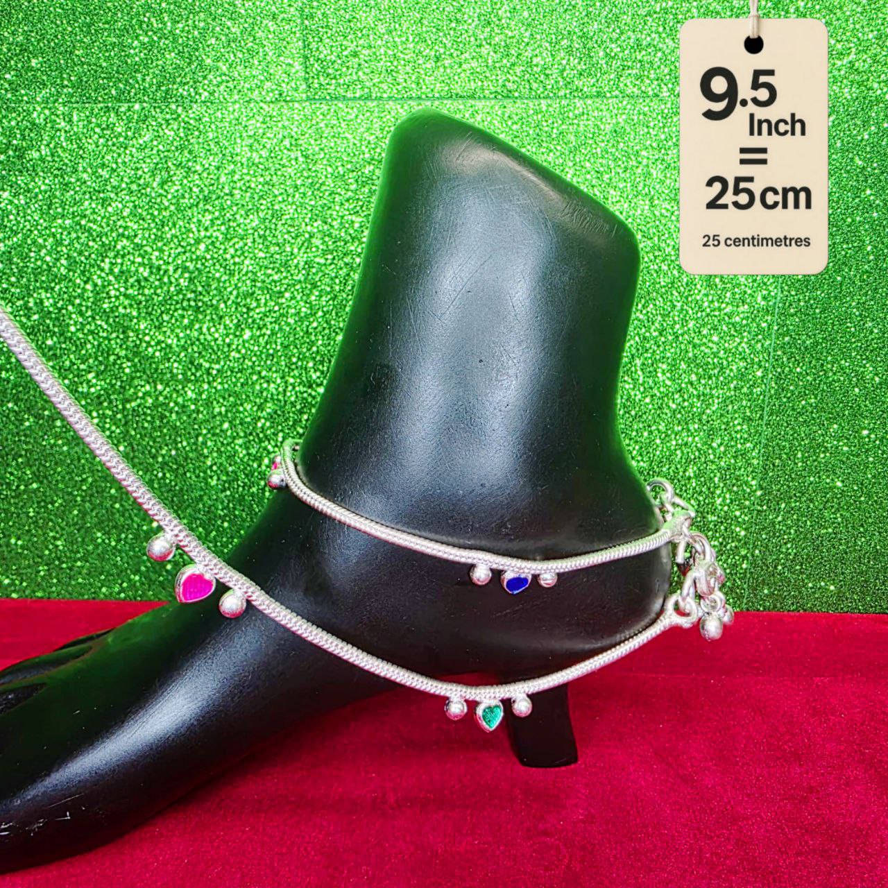 Traditional German Silver Anklet Set With Heart Design with Ball Chain, LIGHT WIGHT Pack of 2-9.5 Inch