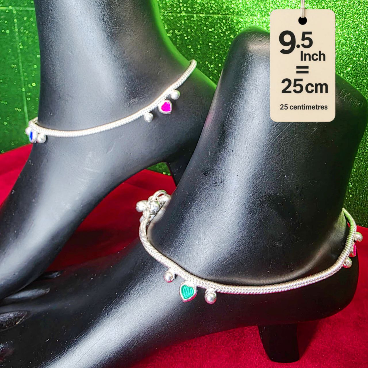 Traditional German Silver Anklet Set With Heart Design with Ball Chain, LIGHT WIGHT Pack of 2-9.5 Inch