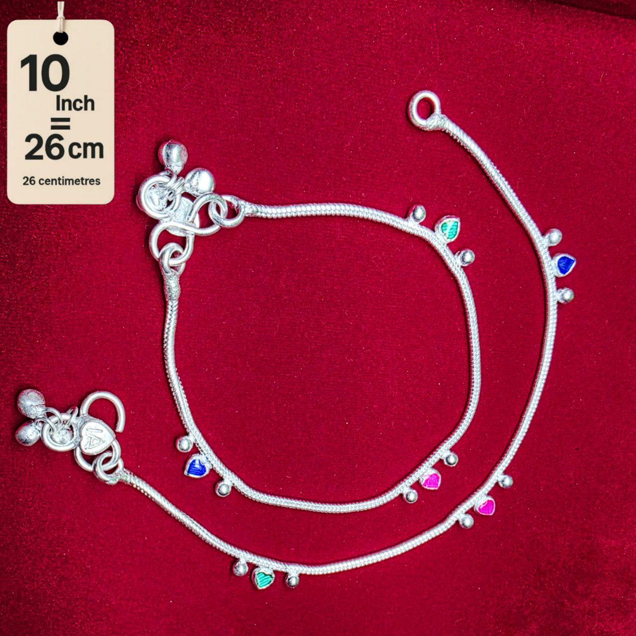 Traditional German Silver Anklet Set With Heart Design with Ball Chain, LIGHT WIGHT Pack of 2-10 Inch