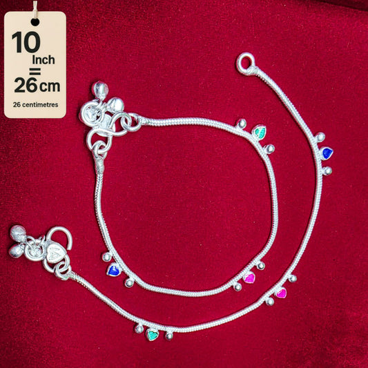 Traditional German Silver Anklet Set With Heart Design with Ball Chain, LIGHT WIGHT Pack of 2-10 Inch