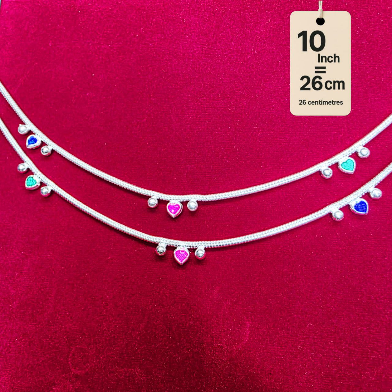 Traditional German Silver Anklet Set With Heart Design with Ball Chain, LIGHT WIGHT Pack of 2-10 Inch