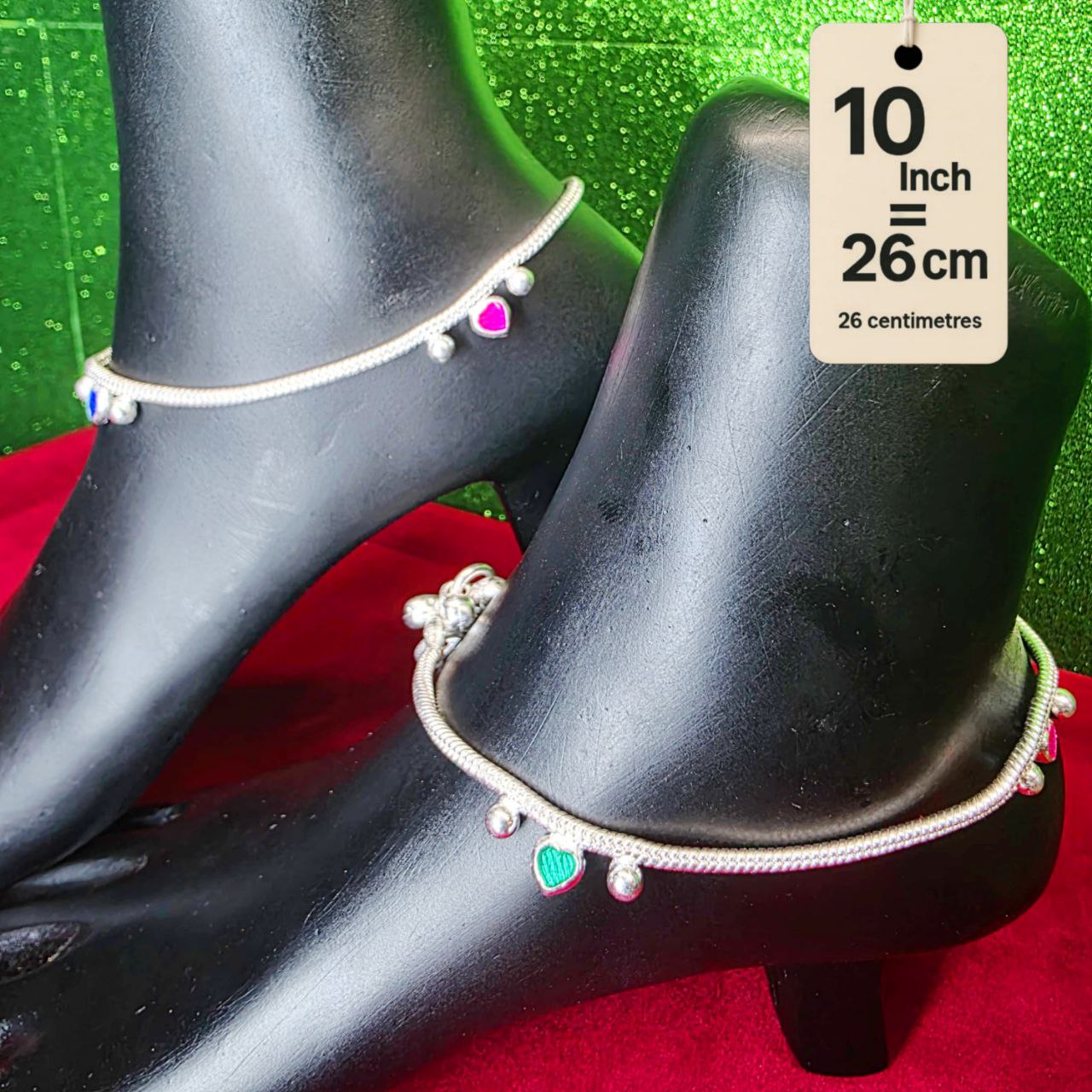 Traditional German Silver Anklet Set With Heart Design with Ball Chain, LIGHT WIGHT Pack of 2-10 Inch