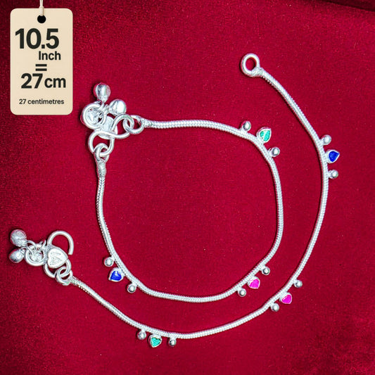 Traditional German Silver Anklet Set With Heart Design with Ball Chain, LIGHT WIGHT Pack of 2-10.5 Inch