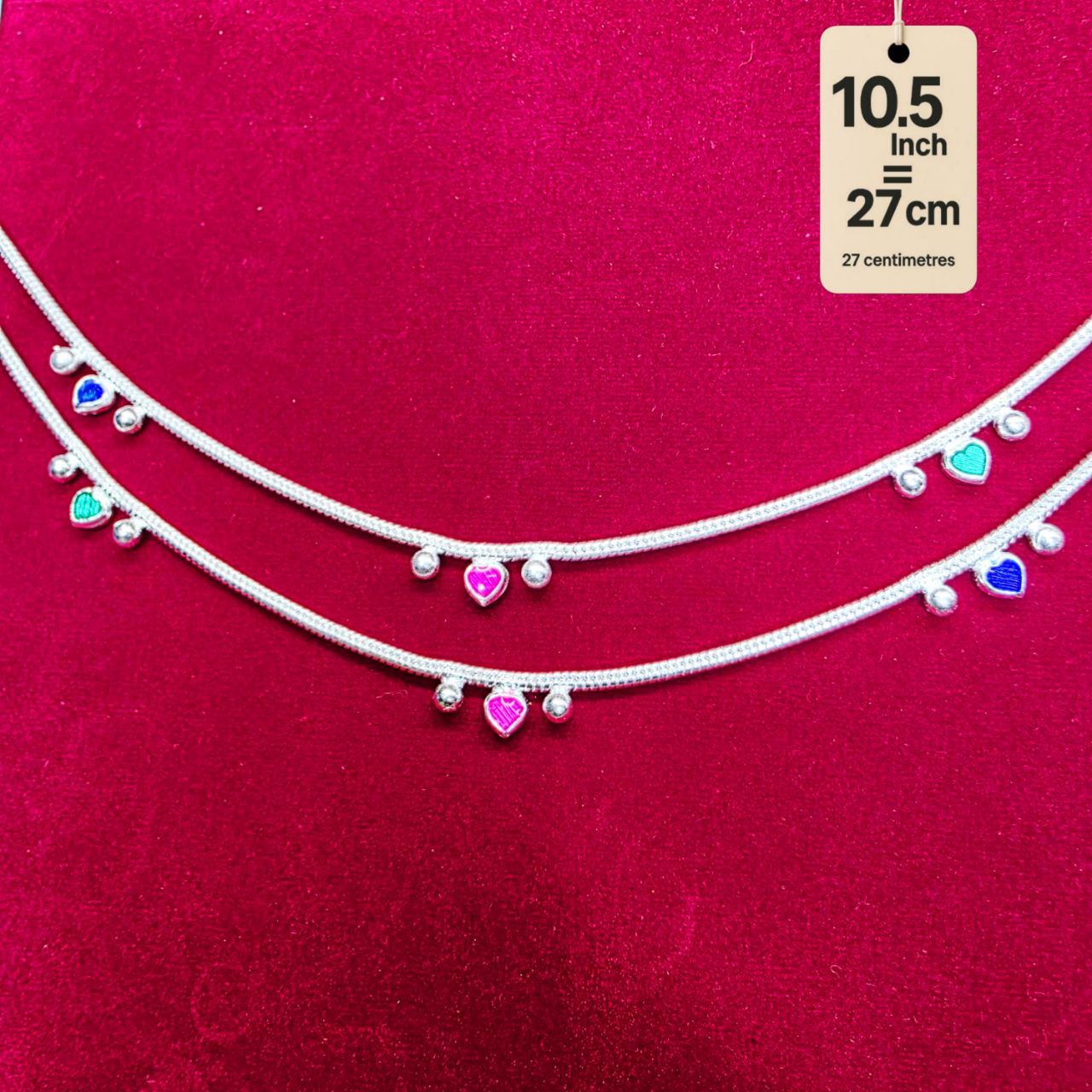 Traditional German Silver Anklet Set With Heart Design with Ball Chain, LIGHT WIGHT Pack of 2-10.5 Inch