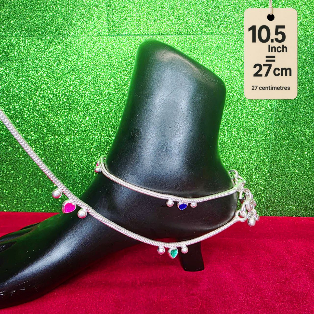 Traditional German Silver Anklet Set With Heart Design with Ball Chain, LIGHT WIGHT Pack of 2-10.5 Inch